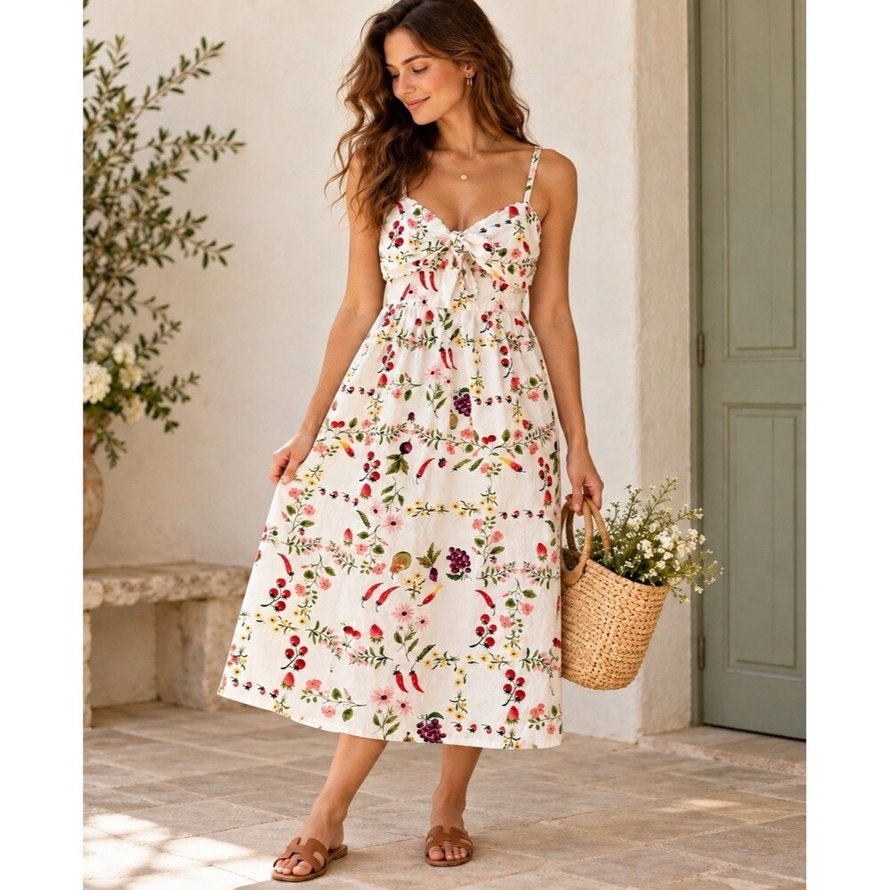Women’s Small White Fruit Floral Print Cotton Midi Dress Tie Front Cottageco